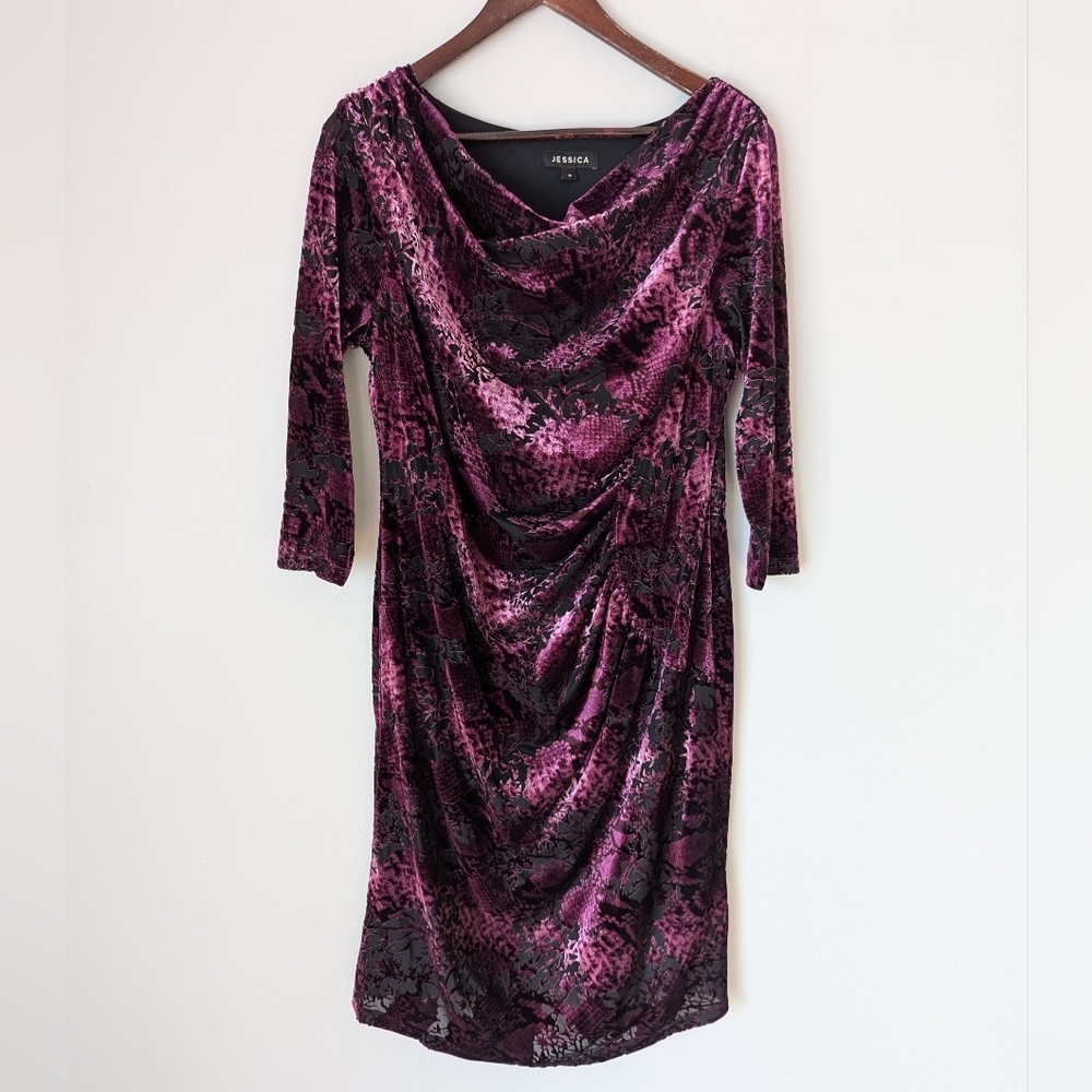 Jessica Purple Velvet Burnout Cowl Neck 3/4 Sleeve Womens Size 14 Witchy Evening